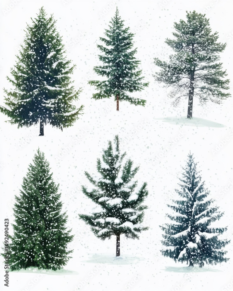 Poster assorted evergreen trees in winter snowfall isolated on white background eye level studio shot chris