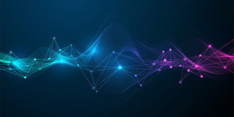 Abstract tech network connection dots. Digital technology and big data analysis background. White background with plexus lines. Geometric background with abstract mesh