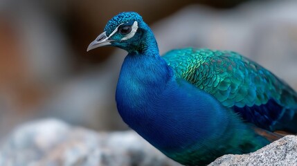 Fototapeta premium A peacock sitting on top of a rock on a rocky ground
