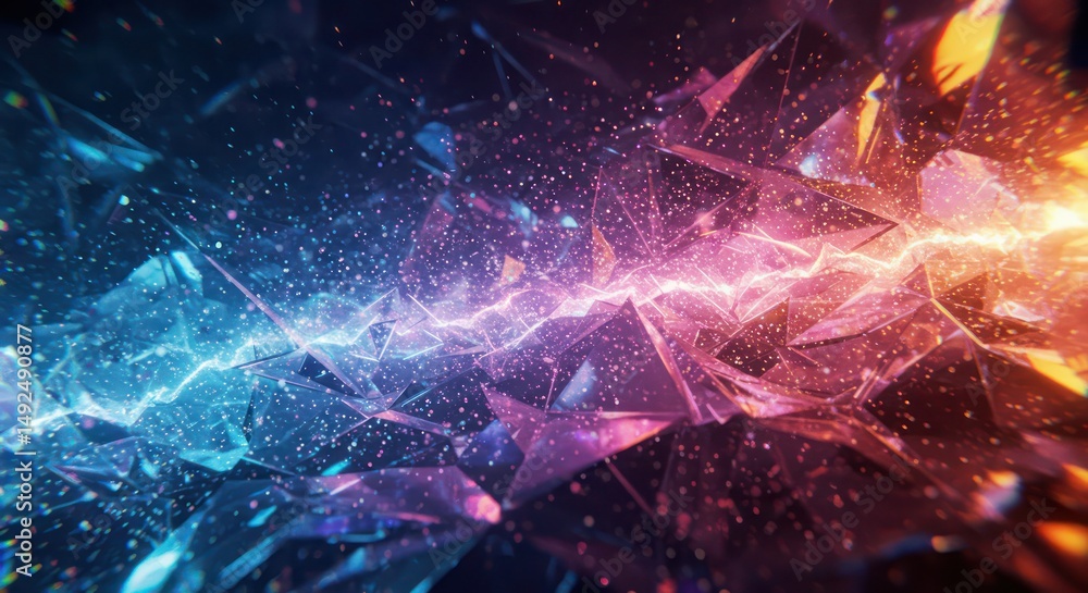Fototapete abstract energetic explosion with shattered polygons and glowing particles