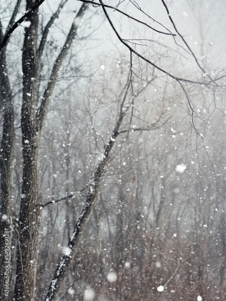 Poster winter landscape with snow falling on bare trees in a forest in a vertical composition on a cold day