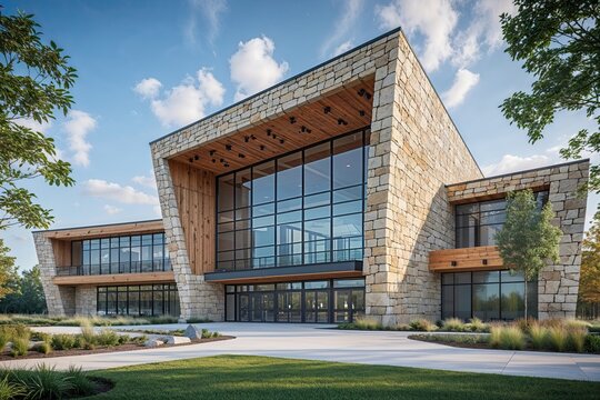 Modern Sports Center Exterior Featuring Unique Architectural Design with Natural Stone and Glass