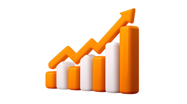 3D bar graph icon with animated arrow trend lines, orange and white color scheme, front angle, white background