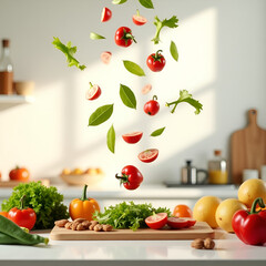 Dynamic Salad Preparation – Mid-Air Vegetables and Fruits in Clean Kitchen