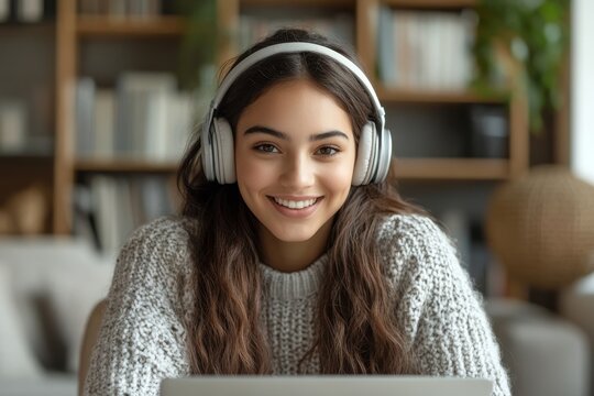 Happy latin hispanic girl college student wearing headphones watching distance online class, remote university webinar or having talk on laptop video conference call virtual meeting at home or