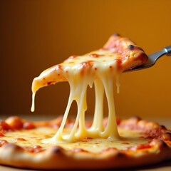 Realistic pizza slice being lifted with cheese stretching, animated cheese pull for a dynamic touch