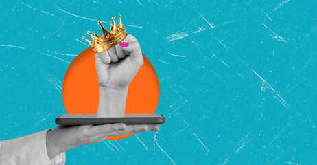 Empowering hand holding smartphone with crown against vibrant backdrop for digital influence