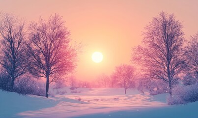soft pastel sunrise over a tranquil snow-covered countryside, Generative AI