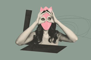 Sketch template design 3D photo collage composite of young lady no face hand gesture eyes watch therapy chaos personality mental sadness
