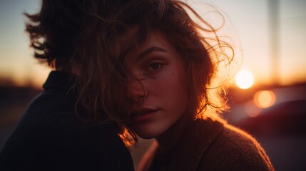 A soulful gaze at sunset captures the warmth and intimacy of a fleeting moment in golden hues.
