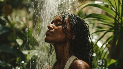 Peaceful woman enjoying a refreshing rainforest shower.