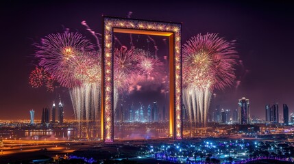The Dubai Frame during a fireworks display, lighting up the night sky in spectacular colors.