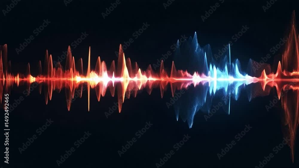 Poster Sound waves pulsate in vivid neon colors, showcasing a mesmerizing interplay of light and movement. The energetic flow creates a captivating visual experience that mesmerizes viewers.