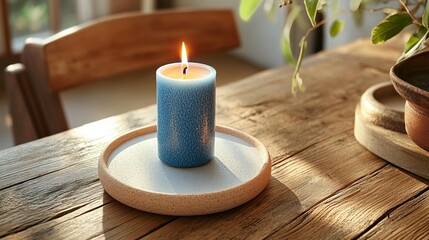Burning blue candle on wooden table sunlight home decor
