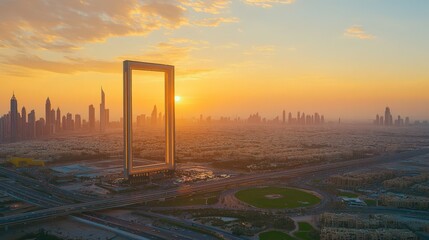 The Dubai Frame standing tall during a golden hour, with its shadows stretching across the city