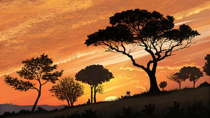 Fototapeta premium Pixelated Sunset Silhouette Landscape Featuring Trees Grass Sky Clouds and Hues of Orange and Yellow