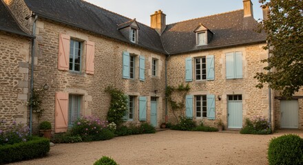 Stone building exterior with shutters rustic residential architecture property investment home design