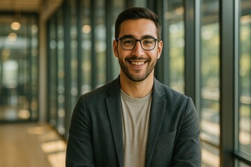 Smart casual man smiling at camera in bright glass office