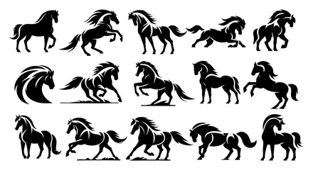 Collection of Horse with Beautiful Mane Silhouette Style Vector Illustration – Elegant Horse Head and Full Body Silhouettes for Logo Design, Equestrian Art, Farm Branding, Tattoos, and Wildlife Prints