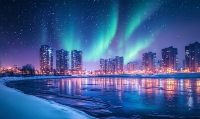 Fototapeta premium Aurora glowing gently above a snow-draped cabin with smoke curling from its chimney, Generative AI