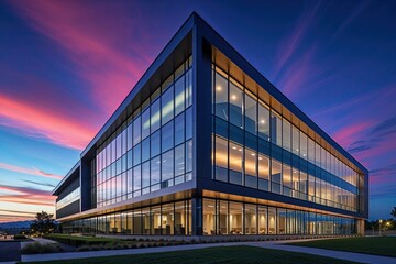Fototapeta premium Sleek Contemporary Office Facade with Expansive Windows Against a Vibrant Twilight Sky