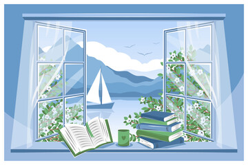 Summer window overlooking the mountains and sailboat and books on the sill. Travel and vacation with a book. Vector illustration for bookstore, library, sale in bookshop.