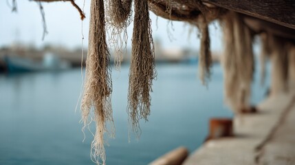 A seascape with frayed nets hanging under a canopy by a calm harbor, creating a serene maritime atmosphere.