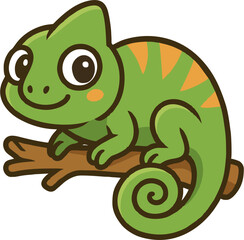 Cute Vector Chameleon Cartoon Sitting on Branch – Flat Design Mascot Style Illustration