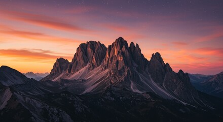 Dramatic Sunset Landscape Photography Majestic Mountain Range at Dusk with Starry Sky