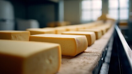 Blocks of fresh cheese align perfectly on a wooden board in a sunlit room, capturing a rustic and artisanal ambiance of cheese production.