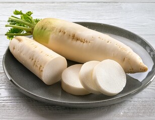 Fresh Daikon radish, whole and cut, on a gray ceramic plate on white wooden table. Generated image