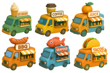 3D Cartoon Food Truck Collection – Ice Cream, Coffee, Juice, BBQ, Seafood, Tacos