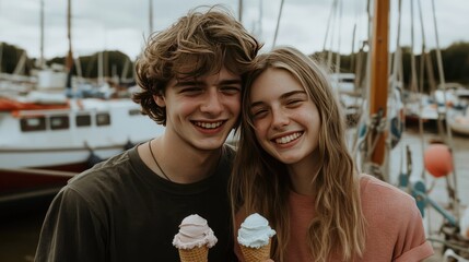 Smiling young couple holding ice cream cones by boats.