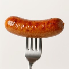High resolution food photo of cooked sausage on fork on clean white background.