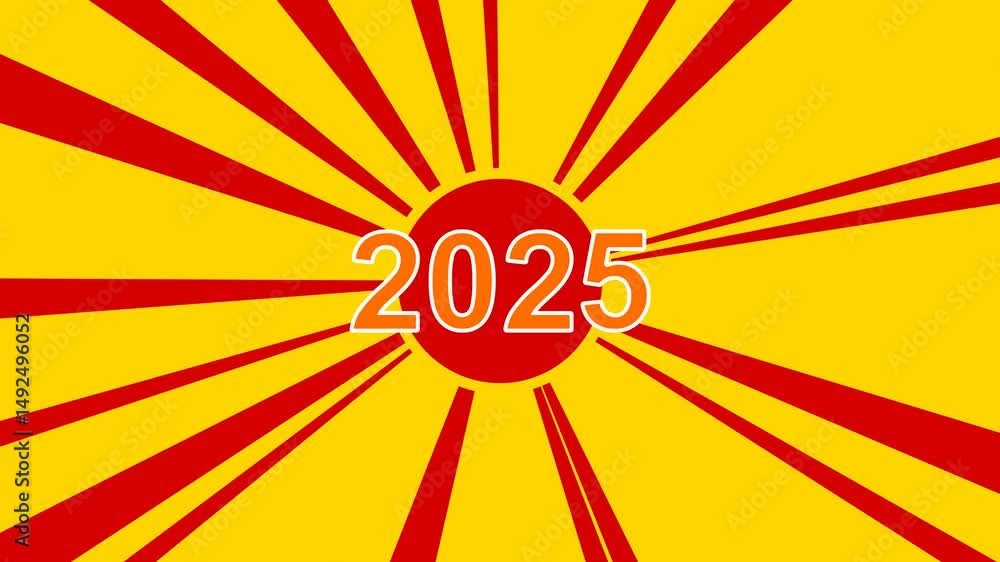 Aufkleber 2025 year symbol on the background of animation from moving rays of the sun. large orange symbol inc