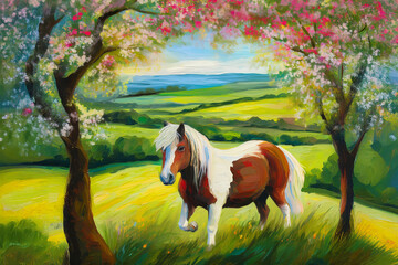 Painting style image of piebald horse in field viewed from between blackthorn and whitebeam trees in rural Ireland in late springtime