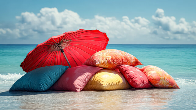 Colorful collection of pillows and an umbrella are on the beach. The umbrella is red and the pillows are in various colors. Concept of relaxation and leisure, as the pillows
