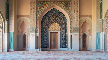 Obraz premium The prayer hall of a mosque with a large, ornate mihrab, guiding worshippers towards Mecca.