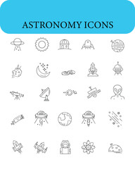 Astronomy line icon set. Space planet, Earth, moon, sun, galaxy, rocket astronaut, alien minimal vector illustrations