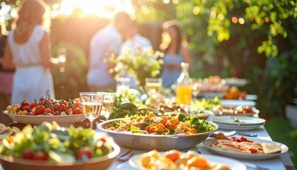 Festive summer garden party scene with friends and a vibrant spread of food