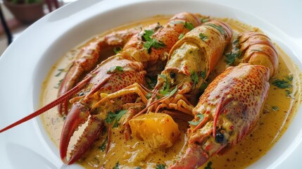 A savory crayfish curry with papaya chunks, cooked in a coconut milk base, bringing together rich, creamy, and spicy flavors for an exotic, satisfying dish