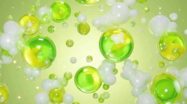 Abstract green and yellow bubbles floating against light background