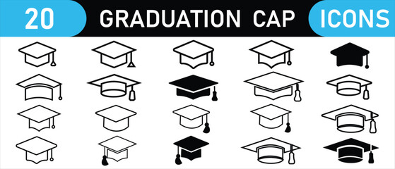 Graduation cap icon set. Graduation cap icon, university or college graduation hat logo, Line and glyph graduation hat. Diploma hat vector icon. Graduation cap vector.
