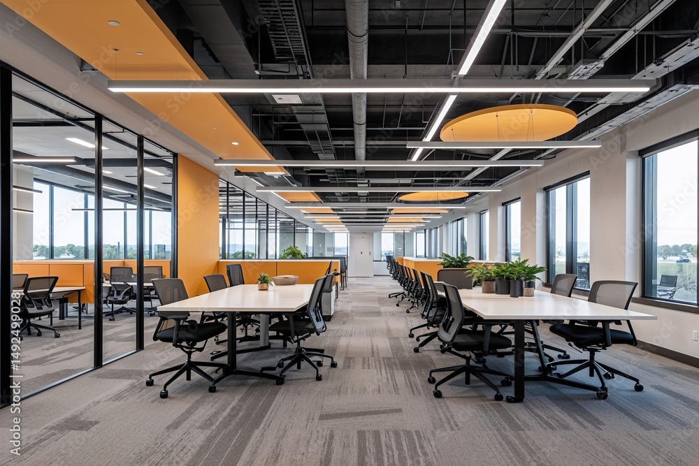 Poster modern open-concept office design featuring collaborative workspaces in a suburban setting