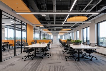 Naklejka premium Modern Open-Concept Office Design Featuring Collaborative Workspaces in a Suburban Setting