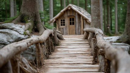 Naklejka premium Rustic Forest Haven: Wooden bridge leads to a charming cabin nestled in the heart of a lush, towering forest, embodying serenity and a retreat from the everyday.