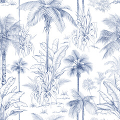 Seamless pattern with hand-drawn palm trees and tropical foliage in pencil sketch style. Monochrome botanical design perfect for fabric, wallpaper, and packaging.