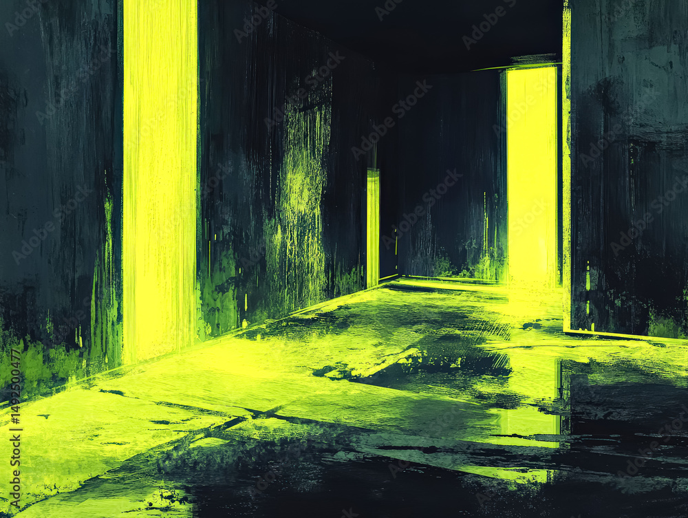 Poster dark room with a yellow light shining through a doorway. the room is empty and the light is the only