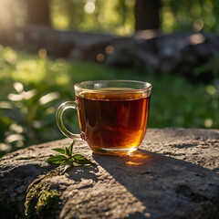 Glass Cup of Herbal Tea on Rock in Nature with Sunlight &ndash; Relaxing Outdoor Scene
