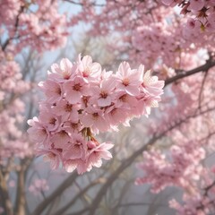 Soft pastel hues highlight the gentle descent of pink cherry blossoms  ,  spring,  graceful,  vibrant